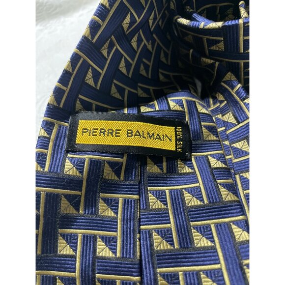 Pierre Balmain 100% Silk Mens Geometric Pattern Necktie Blue & Gold - Picture 2 of 3
